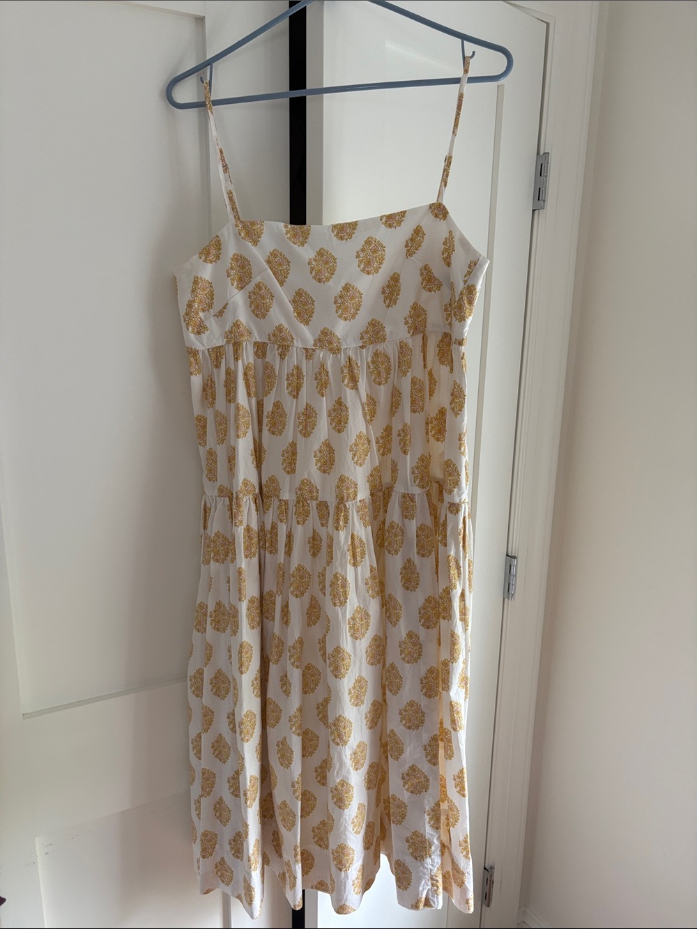 White Spaghetti-Strap Midi Dress with Gold Floral Print